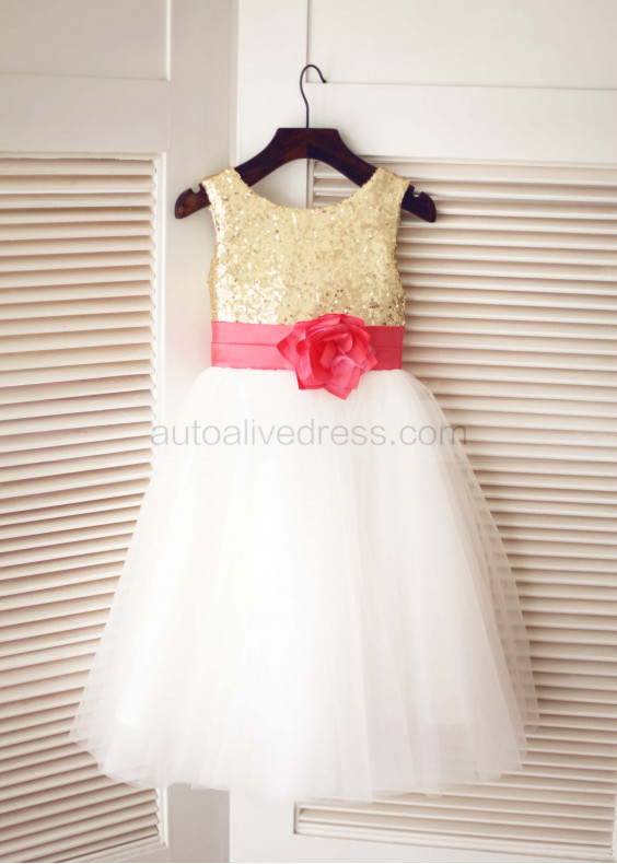 Gold Sequin Ivory Tulle With Coral Flower Sash Knee Length Flower Girl Dress